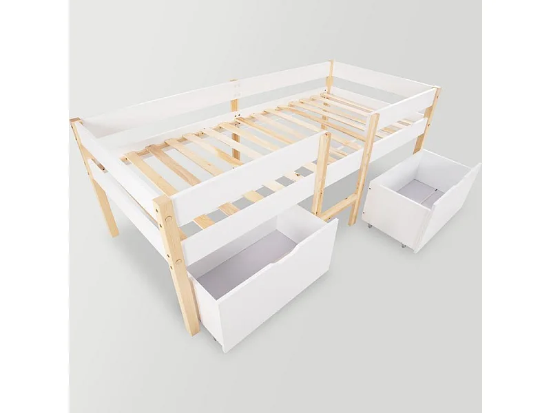 Letto per bambini con protezione anticaduta, cassetti, pino massello, 90×200, bianco e rovere, contenitore
