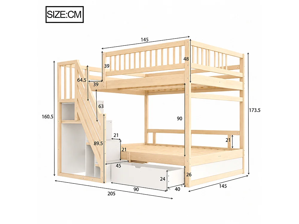 Litera de madera maciza 140×200 – cama doble ahorradora de espacio con almacenaje integrado y seguridad reforzada