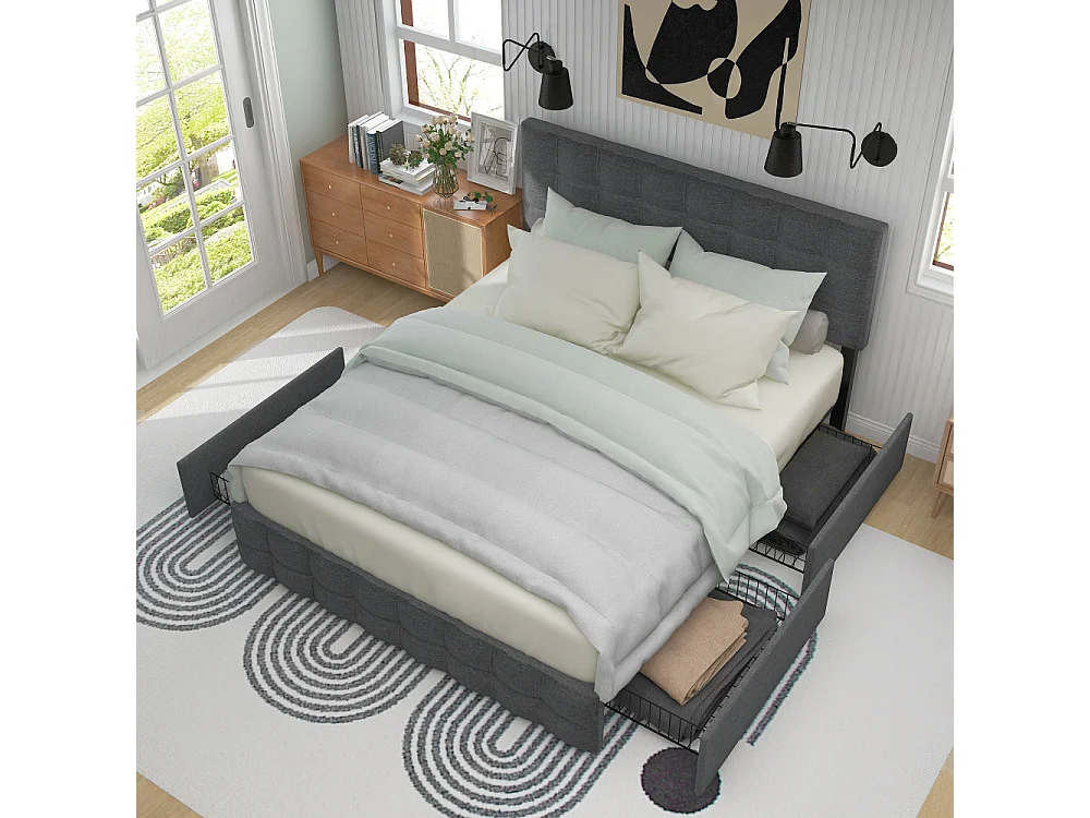 Cama tapizada 140x200 con cofre, 4 cajones, cabecero regulable, armazón metálico, lino elegante, diseño moderno