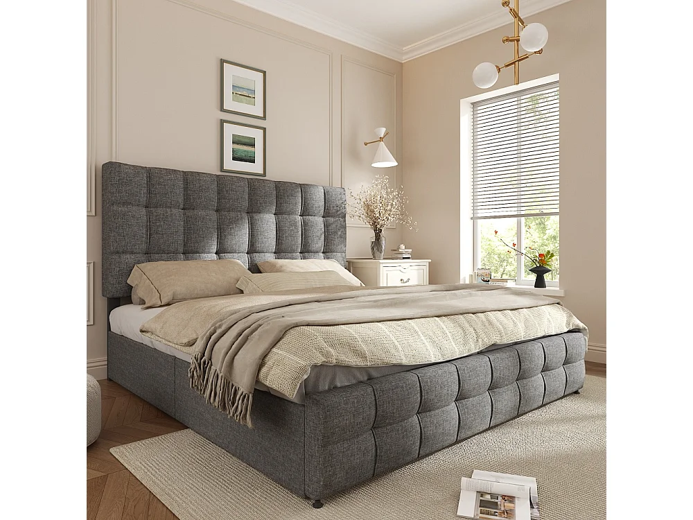 Cama tapizada 140x200 con cofre, 4 cajones, cabecero regulable, armazón metálico, lino elegante, diseño moderno