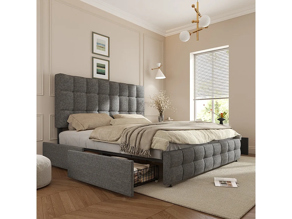 Cama tapizada 140x200 con cofre, 4 cajones, cabecero regulable, armazón metálico, lino elegante, diseño moderno