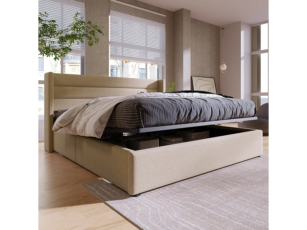Letto contenitore idraulico imbottito in lino, struttura metallica, doghe in legno, cassone robusto, design moderno