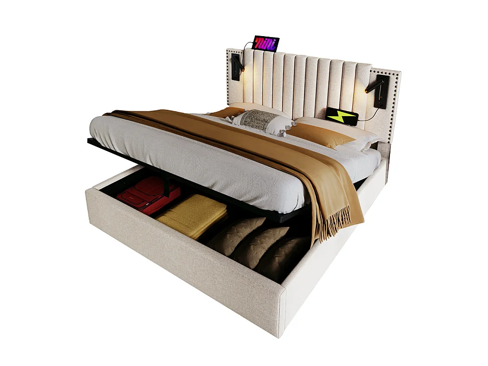 Gestoffeerd bed 140x200 met opbergbox, LED, USB-C, hoofdeinde, boxspring, matras 620 veren, katoenen comfort, klinknagelontwerp