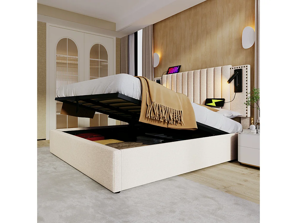 Gestoffeerd bed 140x200 met opbergbox, LED, USB-C, hoofdeinde, boxspring, matras 620 veren, katoenen comfort, klinknagelontwerp