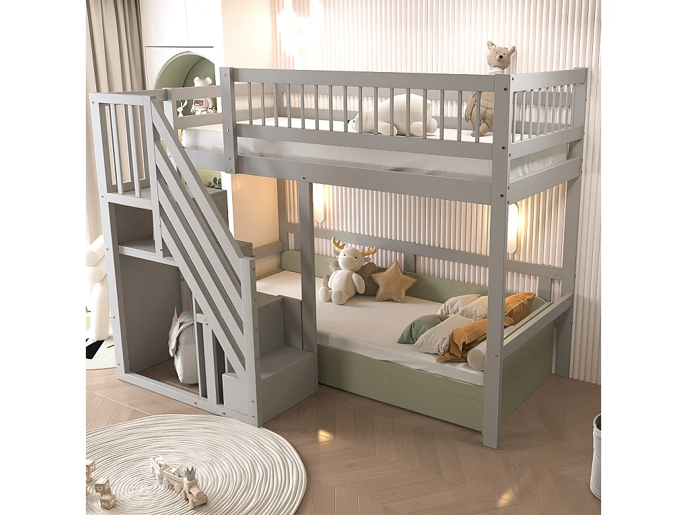 Lit en bois massif 90×200 pour enfant avec escalier de rangement intégré – lit gain de place chambre moderne