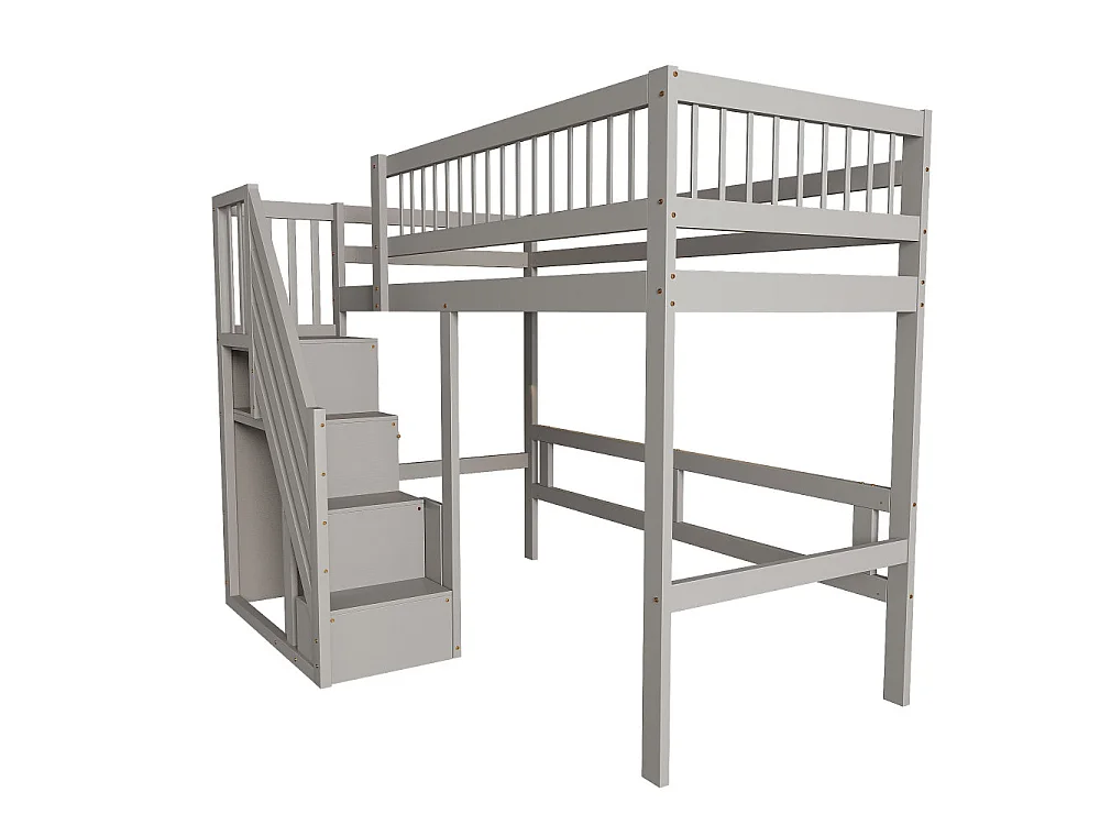 Lit en bois massif 90×200 pour enfant avec escalier de rangement intégré – lit gain de place chambre moderne
