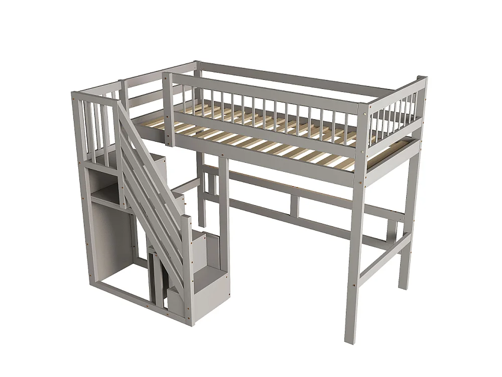 Lit en bois massif 90×200 pour enfant avec escalier de rangement intégré – lit gain de place chambre moderne