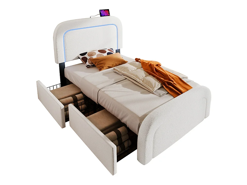 Bettgestell 90x200 USB-C LED-gewatteerd bed Sherpa wit 2 matrasladen 406 premium comfortveren