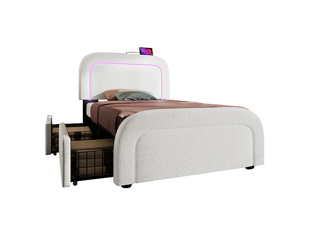 Bettgestell 90x200 USB-C LED-gewatteerd bed Sherpa wit 2 matrasladen 406 premium comfortveren