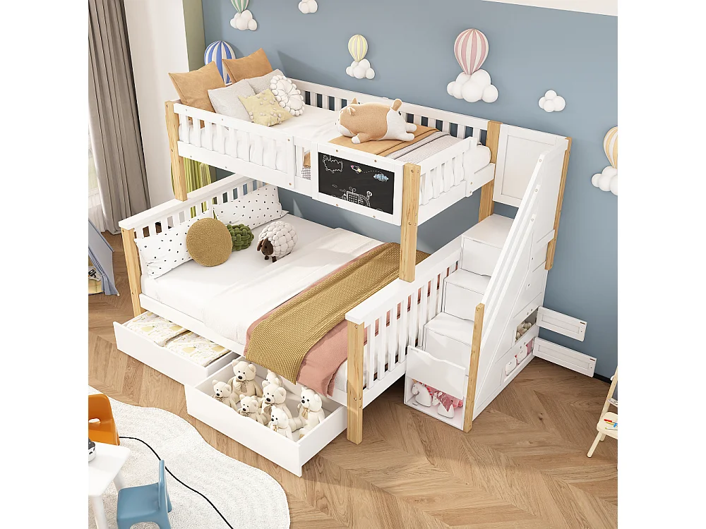 Litera infantil 90×200 + 140×200 multifuncional pino con pizarra, cajones y escalera de almacenaje segura