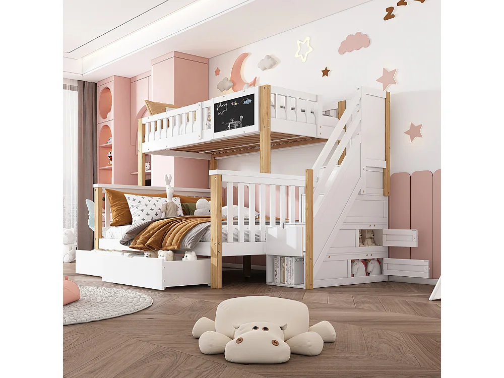 Litera infantil 90×200 + 140×200 multifuncional pino con pizarra, cajones y escalera de almacenaje segura