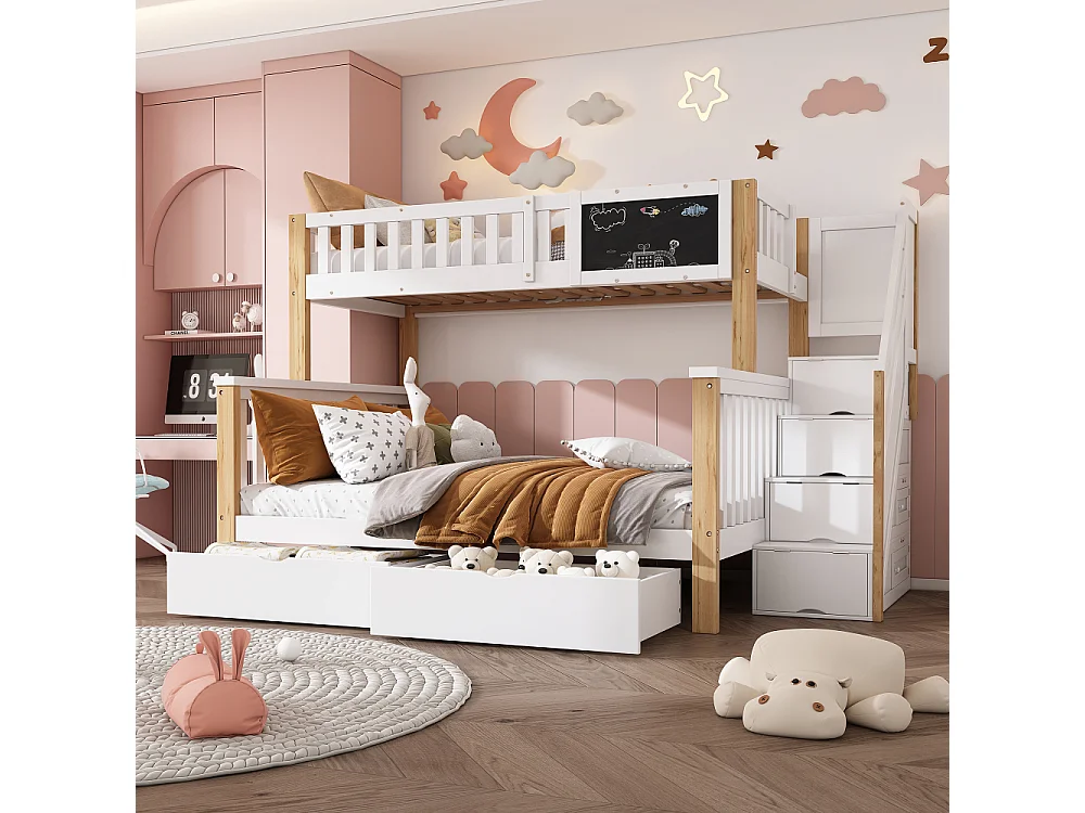Litera infantil 90×200 + 140×200 multifuncional pino con pizarra, cajones y escalera de almacenaje segura