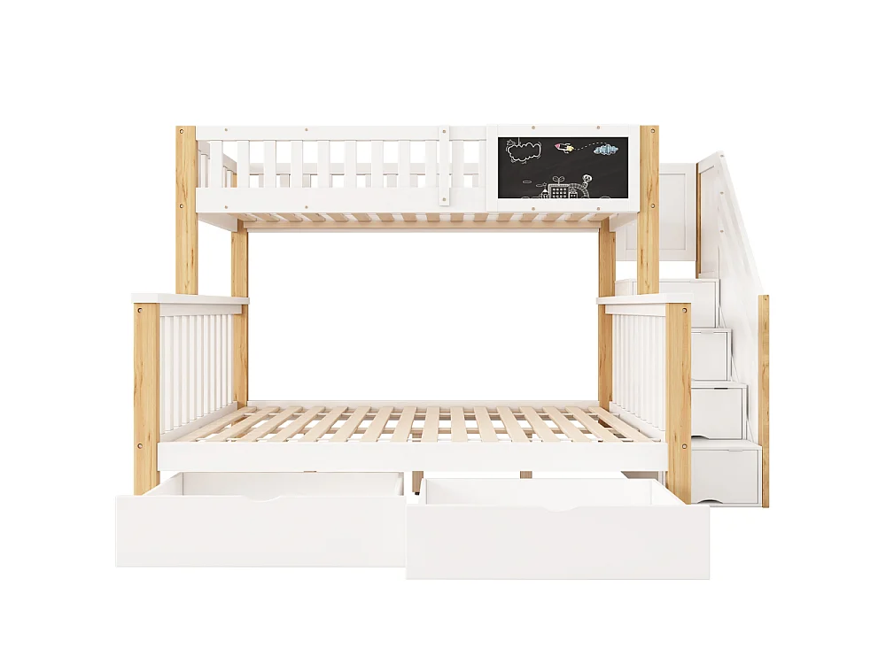 Litera infantil 90×200 + 140×200 multifuncional pino con pizarra, cajones y escalera de almacenaje segura