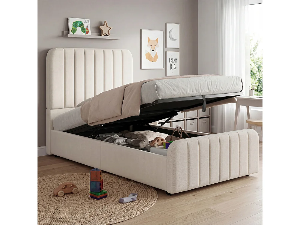Lit rembourré 90x200 cm pour enfant avec rangement hydraulique, revêtement en lin, tête de lit et sommier à lattes