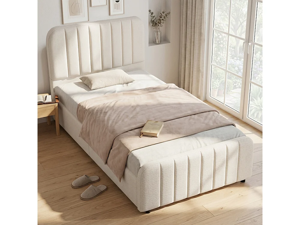 Lit rembourré 90x200 cm pour enfant avec rangement hydraulique, revêtement en lin, tête de lit et sommier à lattes
