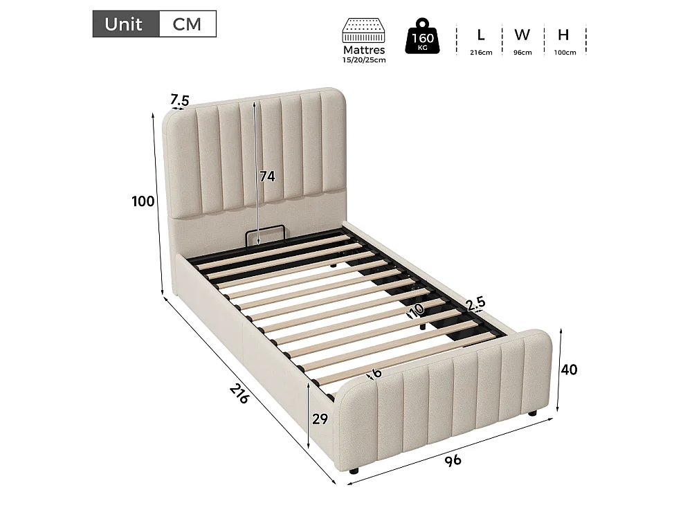 Lit rembourré 90x200 cm pour enfant avec rangement hydraulique, revêtement en lin, tête de lit et sommier à lattes