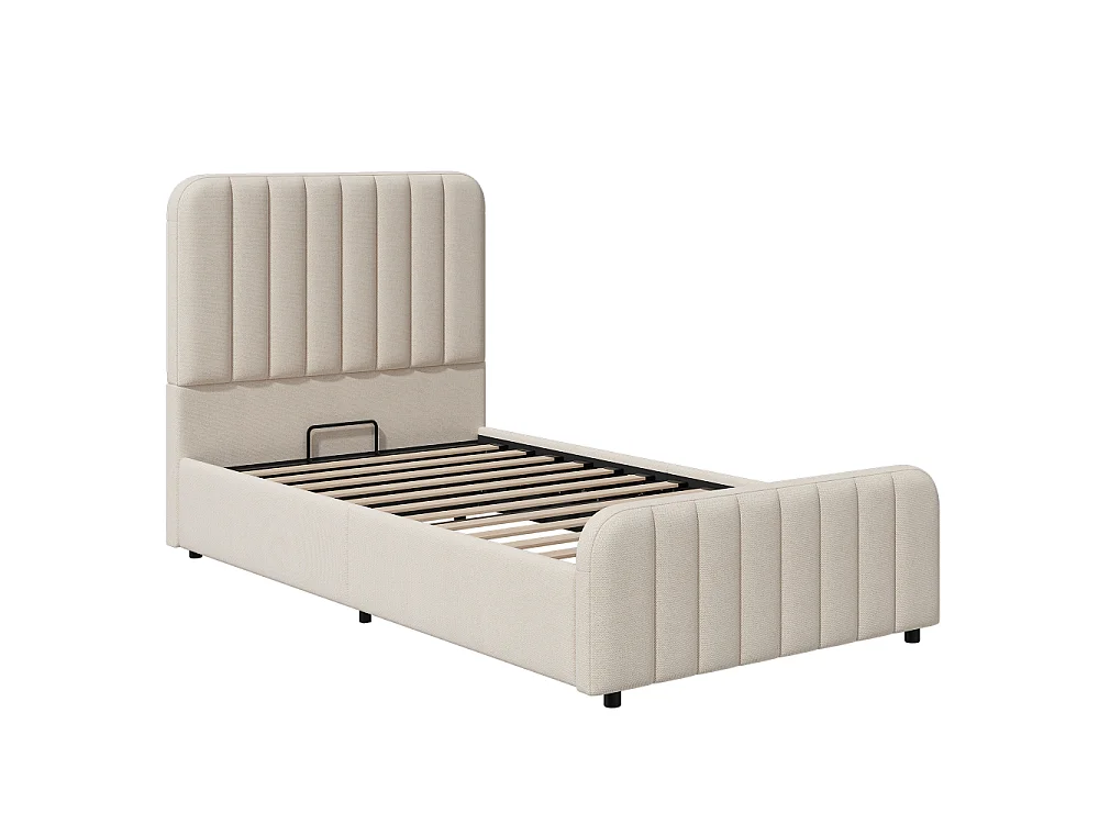 Lit rembourré 90x200 cm pour enfant avec rangement hydraulique, revêtement en lin, tête de lit et sommier à lattes