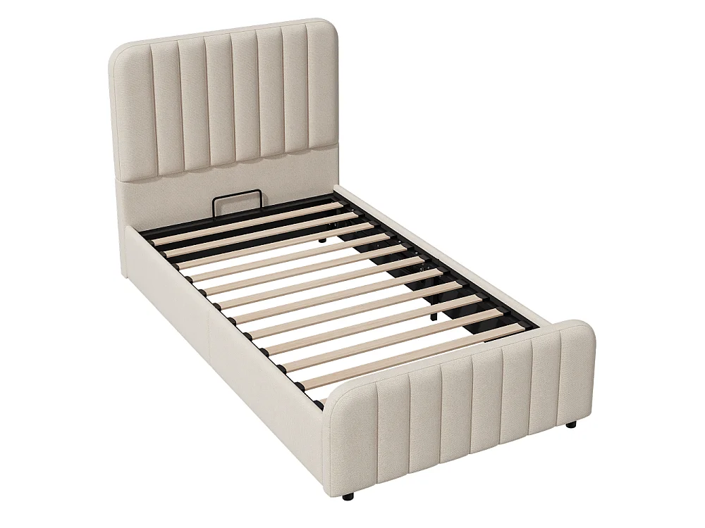 Lit rembourré 90x200 cm pour enfant avec rangement hydraulique, revêtement en lin, tête de lit et sommier à lattes