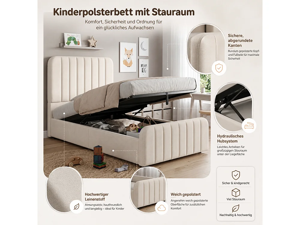 Lit rembourré 90x200 cm pour enfant avec rangement hydraulique, revêtement en lin, tête de lit et sommier à lattes