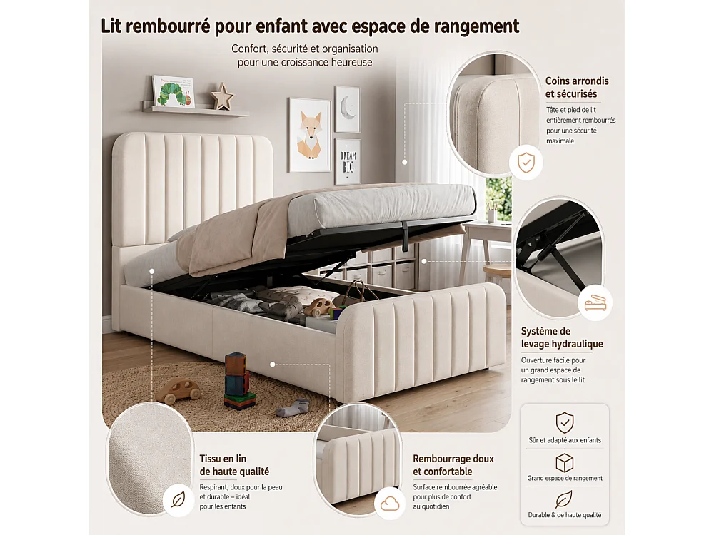 Lit rembourré 90x200 cm pour enfant avec rangement hydraulique, revêtement en lin, tête de lit et sommier à lattes