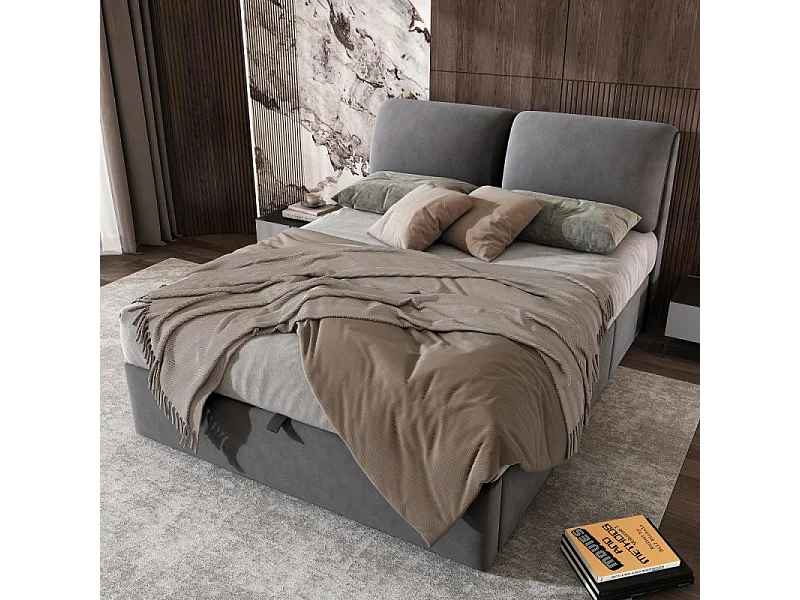 Lit coffre tapissé 140x190 velours gris hydraulique 3 tiroirs sommier lattes tête réglable rangement intégré design moderne sans matelas