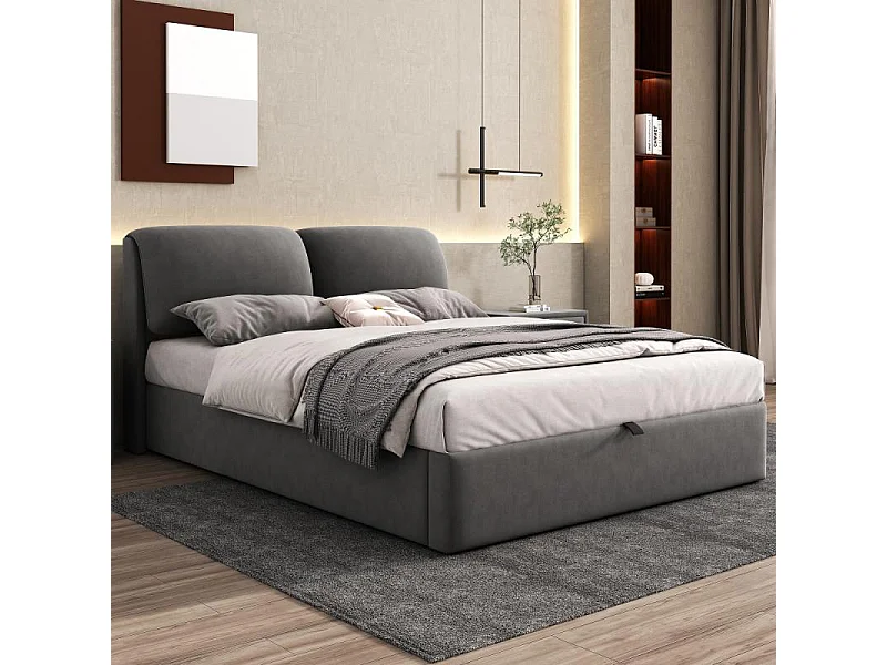 Lit coffre tapissé 140x190 velours gris hydraulique 3 tiroirs sommier lattes tête réglable rangement intégré design moderne sans matelas