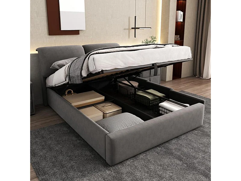 Lit coffre tapissé 140x190 velours gris hydraulique 3 tiroirs sommier lattes tête réglable rangement intégré design moderne sans matelas