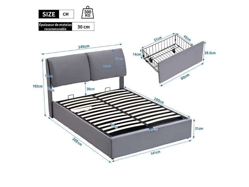 Lit coffre tapissé 140x190 velours gris hydraulique 3 tiroirs sommier lattes tête réglable rangement intégré design moderne sans matelas