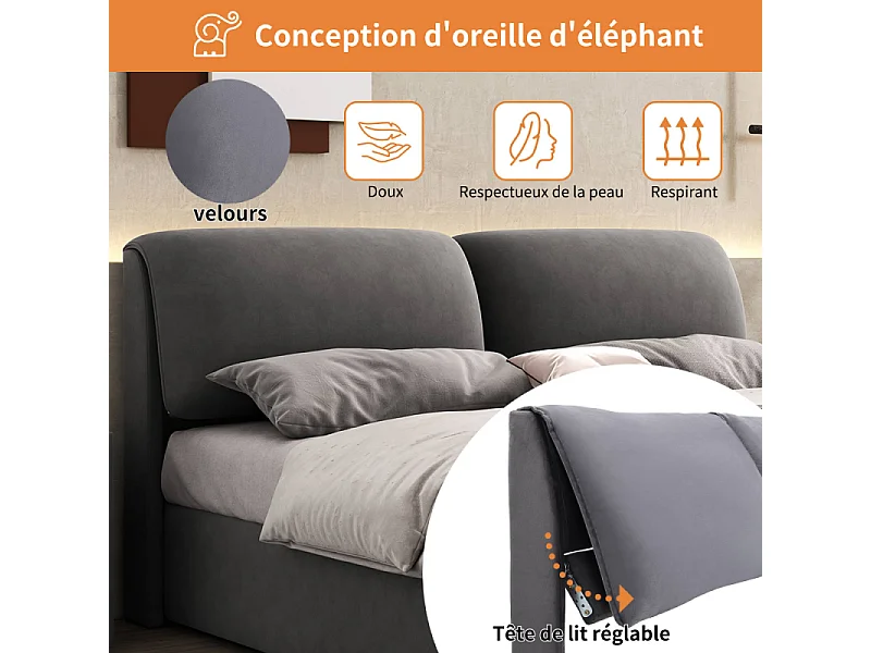 Lit coffre tapissé 140x190 velours gris hydraulique 3 tiroirs sommier lattes tête réglable rangement intégré design moderne sans matelas