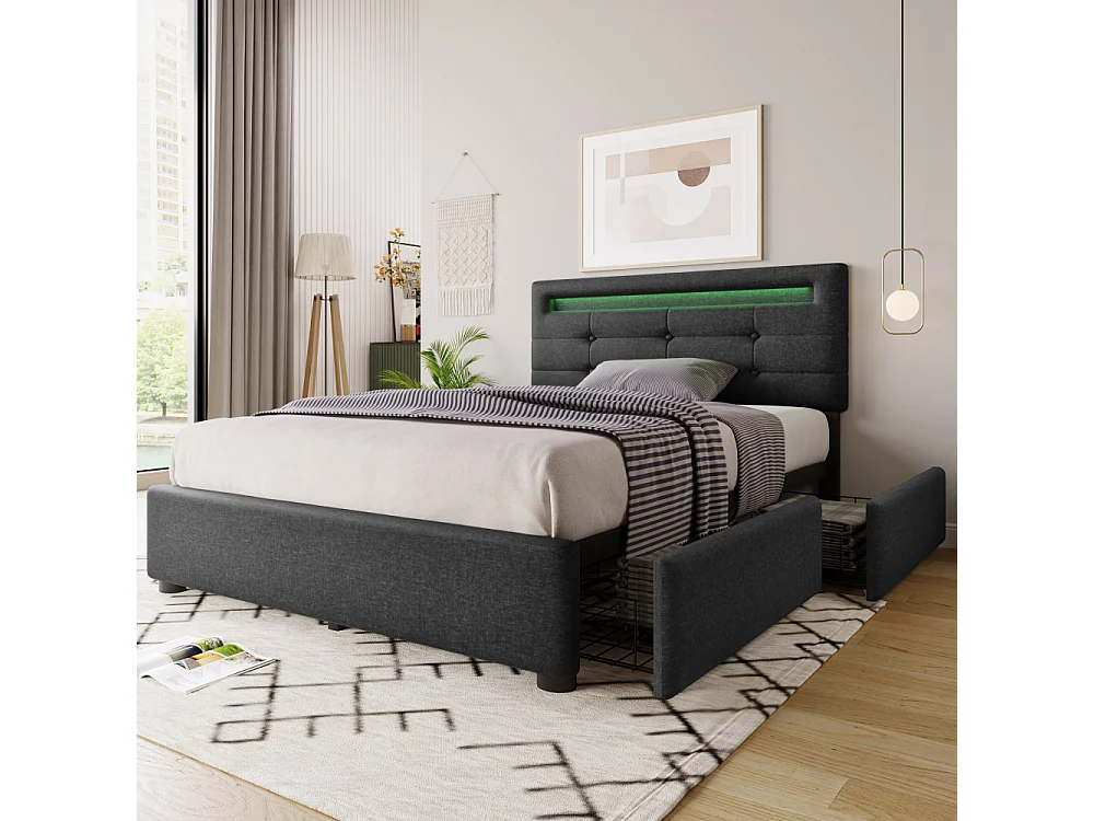 Eenpersoonsbed 90×200 met LED, inclusief matras, 2 opberglades en verstelbaar designhoofdeinde