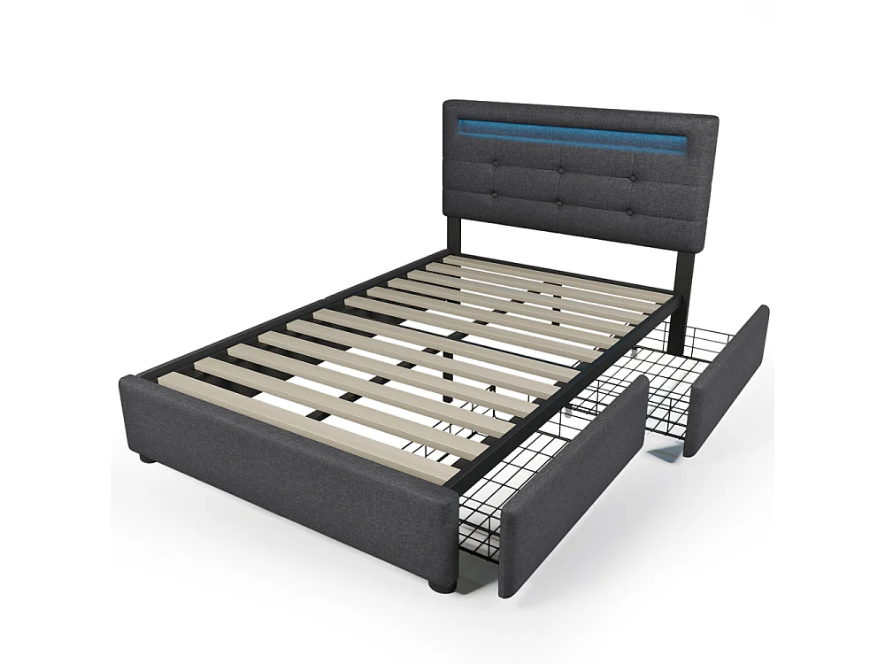 Eenpersoonsbed 90×200 met LED, inclusief matras, 2 opberglades en verstelbaar designhoofdeinde