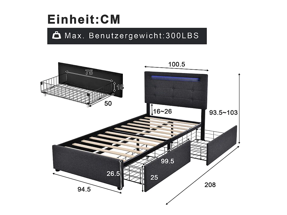 Eenpersoonsbed 90×200 met LED, inclusief matras, 2 opberglades en verstelbaar designhoofdeinde