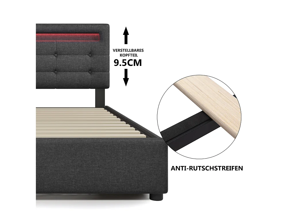 Eenpersoonsbed 90×200 met LED, inclusief matras, 2 opberglades en verstelbaar designhoofdeinde
