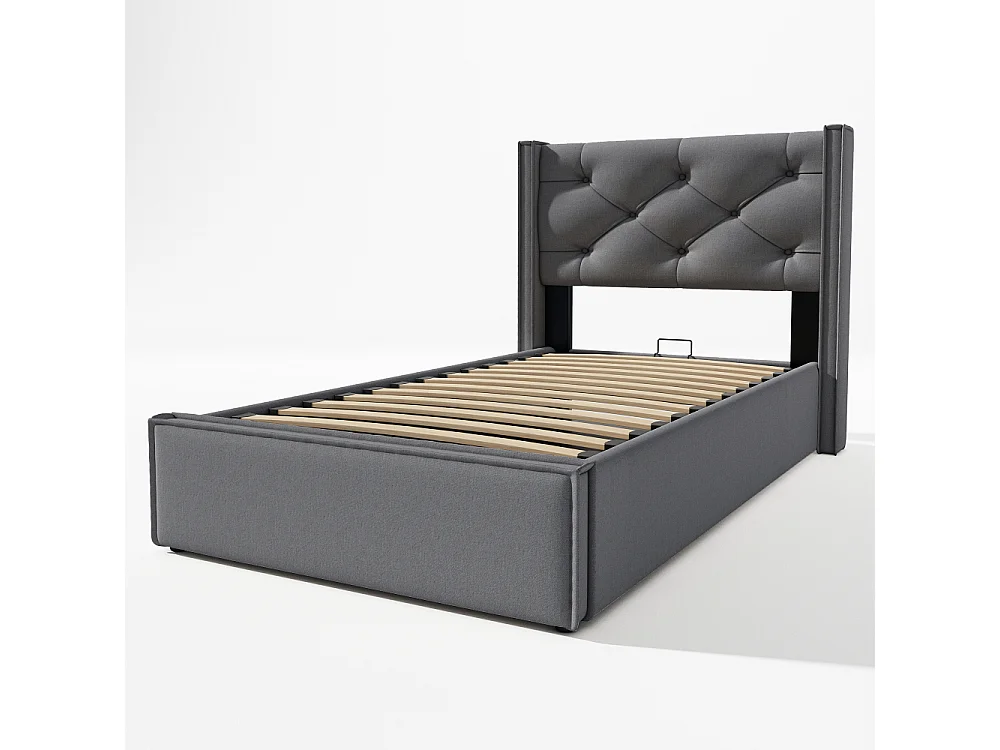 Gestoffeerd hydraulisch eenpersoonsbed 90×200 metalen frame met opbergruimte, katoenen matras 406 veren modern functioneel bed