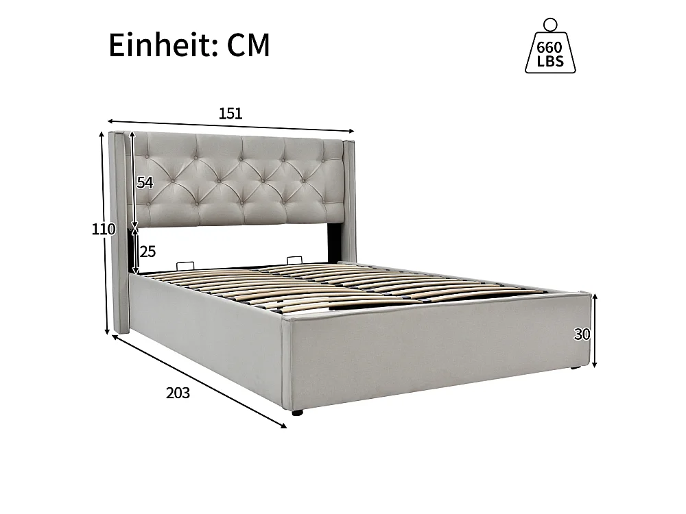 Letto matrimoniale idraulico 140x200 letto imbottito contenitore 620 molle materasso cotone Öko-Tex struttura metallo