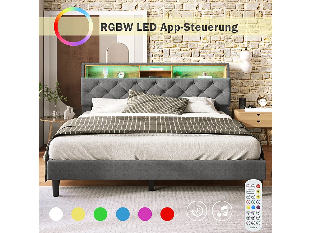 Gestoffeerd tweepersoonsbed 140x200 cm met matras, LED-hoofdeinde, ingebouwde opbergruimte en grijze houten basis