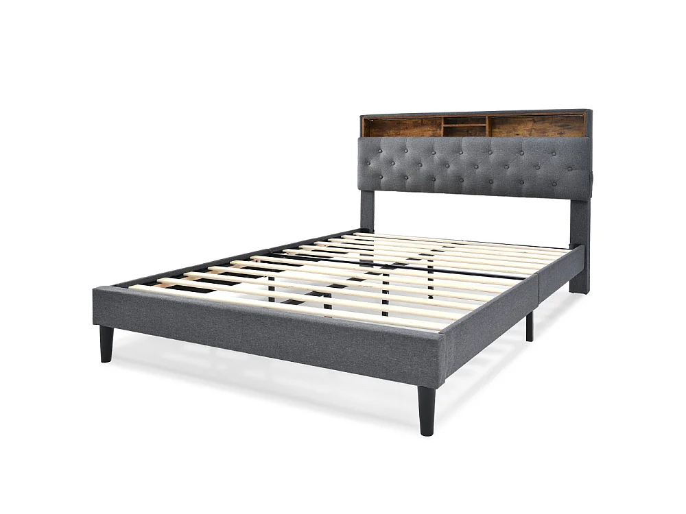 Gestoffeerd tweepersoonsbed 140x200 cm met matras, LED-hoofdeinde, ingebouwde opbergruimte en grijze houten basis