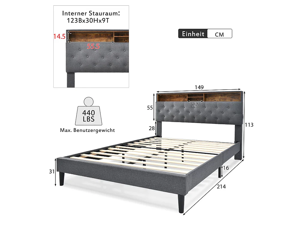 Gestoffeerd tweepersoonsbed 140x200 cm met matras, LED-hoofdeinde, ingebouwde opbergruimte en grijze houten basis