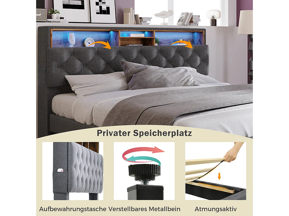 Gestoffeerd tweepersoonsbed 140x200 cm met matras, LED-hoofdeinde, ingebouwde opbergruimte en grijze houten basis