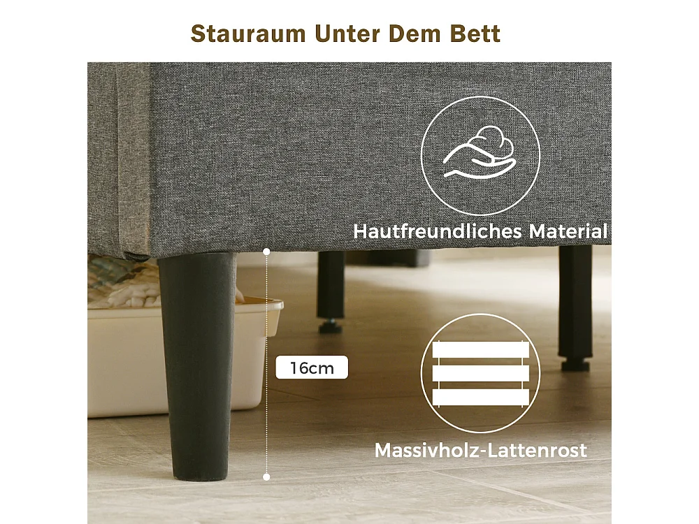 Gestoffeerd tweepersoonsbed 140x200 cm met matras, LED-hoofdeinde, ingebouwde opbergruimte en grijze houten basis