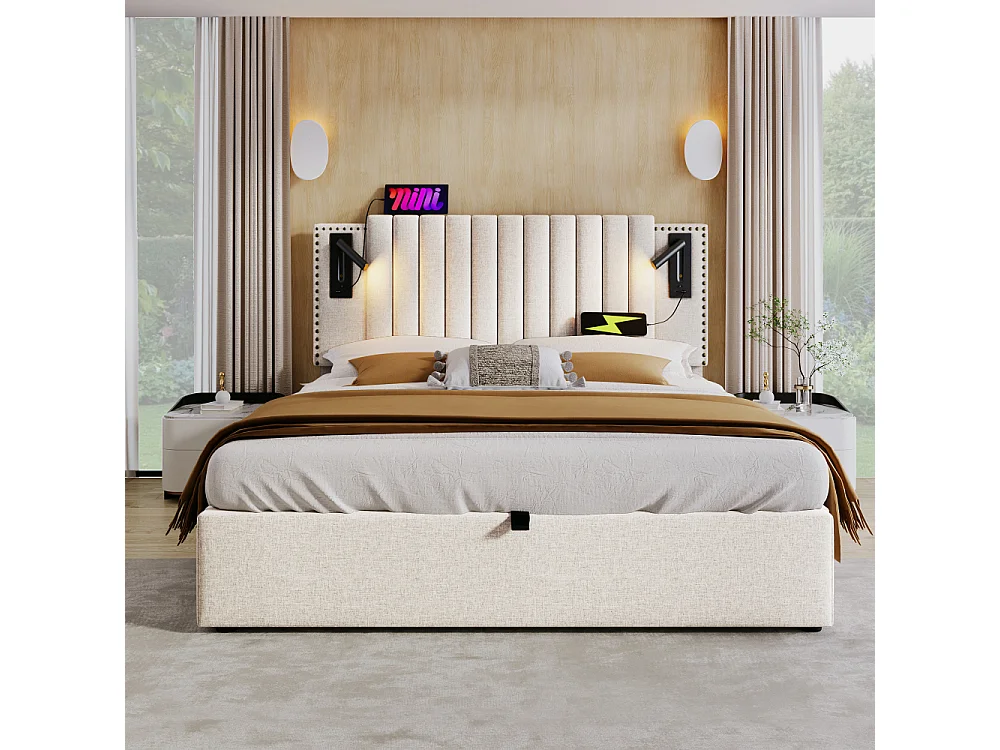 Lit rembourré 160x200 avec coffre de rangement,LED lecture, USB-C,tête réglable en hauteur,design à rivets,coton, sommier,lit double,sans matelas