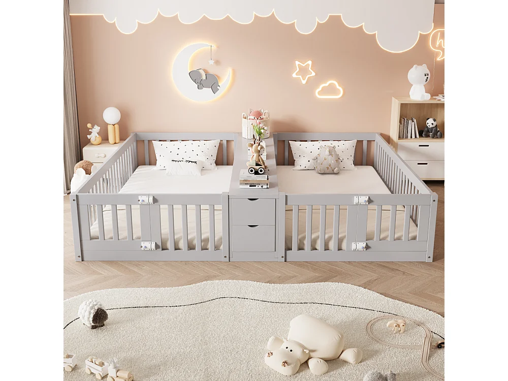 Lit double en bois 90×200 lit enfant en bois avec tiroirs étagères barrière de sécurité gain de place massif