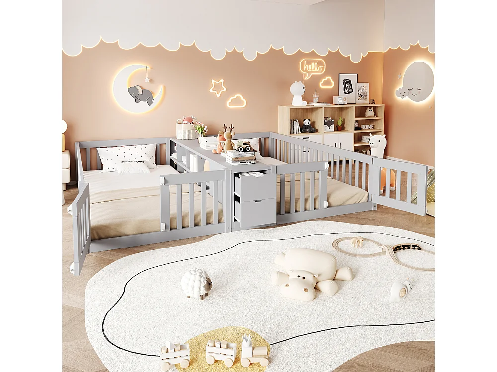 Lit double en bois 90×200 lit enfant en bois avec tiroirs étagères barrière de sécurité gain de place massif