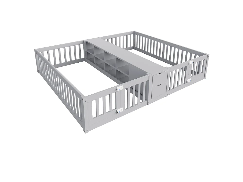 Lit double en bois 90×200 lit enfant en bois avec tiroirs étagères barrière de sécurité gain de place massif