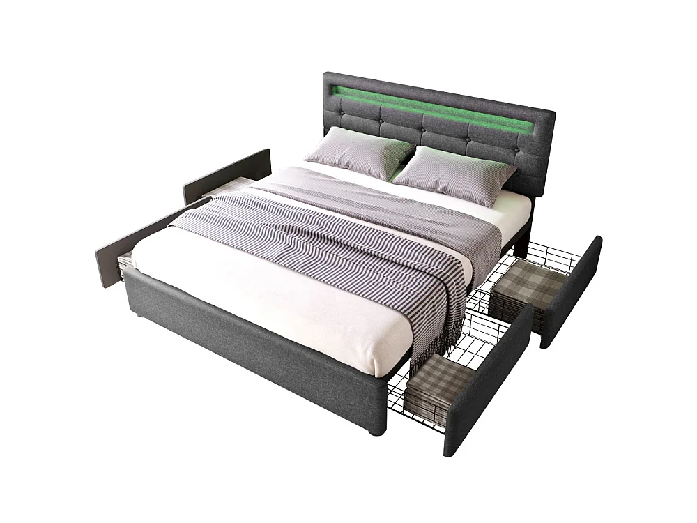 Lit double 140×200 avec LED, 4 tiroirs de rangement, tête réglable et structure renforcée