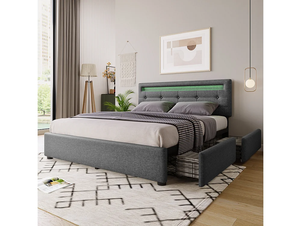 Lit double 140×200 avec LED, 4 tiroirs de rangement, tête réglable et structure renforcée