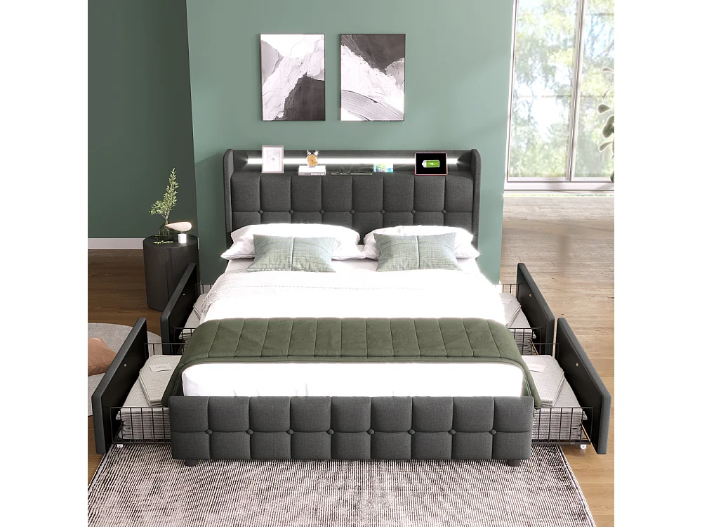 Lit Double 160x200 cm Gris avec Matelas 720 Ressorts, USB, LED et 4 Tiroirs – Confort Intelligent Haut de Gamme