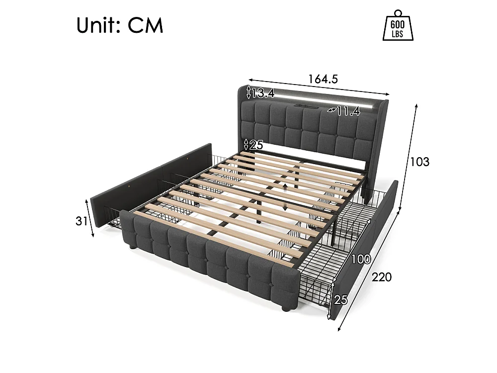 Lit Double 160x200 cm Gris avec Matelas 720 Ressorts, USB, LED et 4 Tiroirs – Confort Intelligent Haut de Gamme