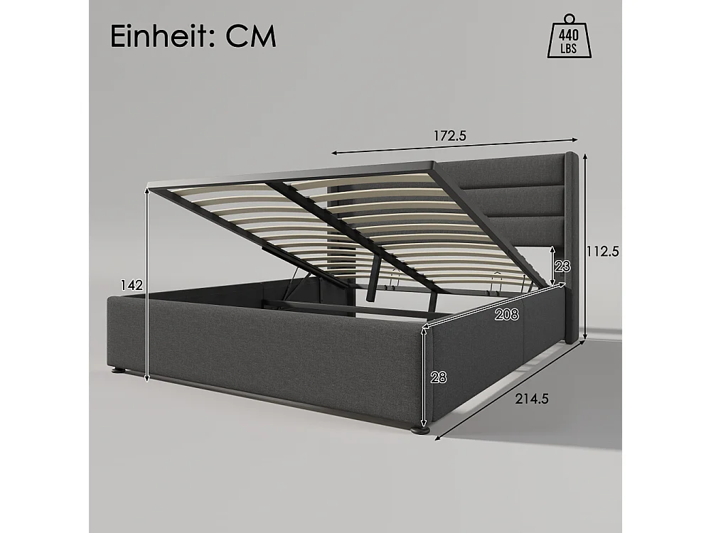 Lit coffre hydraulique 160×200 en lin avec matelas 720 ressorts, rangement XXL et structure renforcée