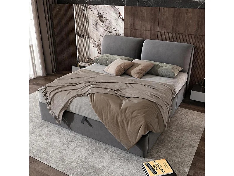Lit coffre tapissé 180x200 velours gris hydraulique 3 tiroirs sommier lattes tête réglable rangement intégré design moderne sans matelas